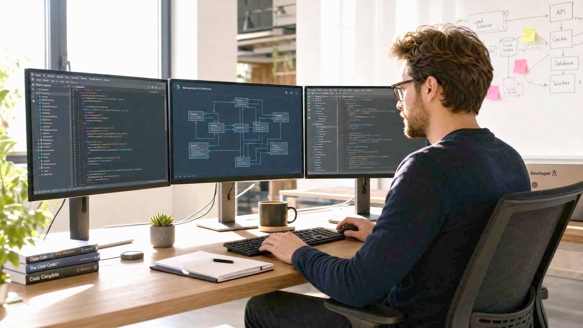 Developer reviewing the connector architecture across multiple monitors.