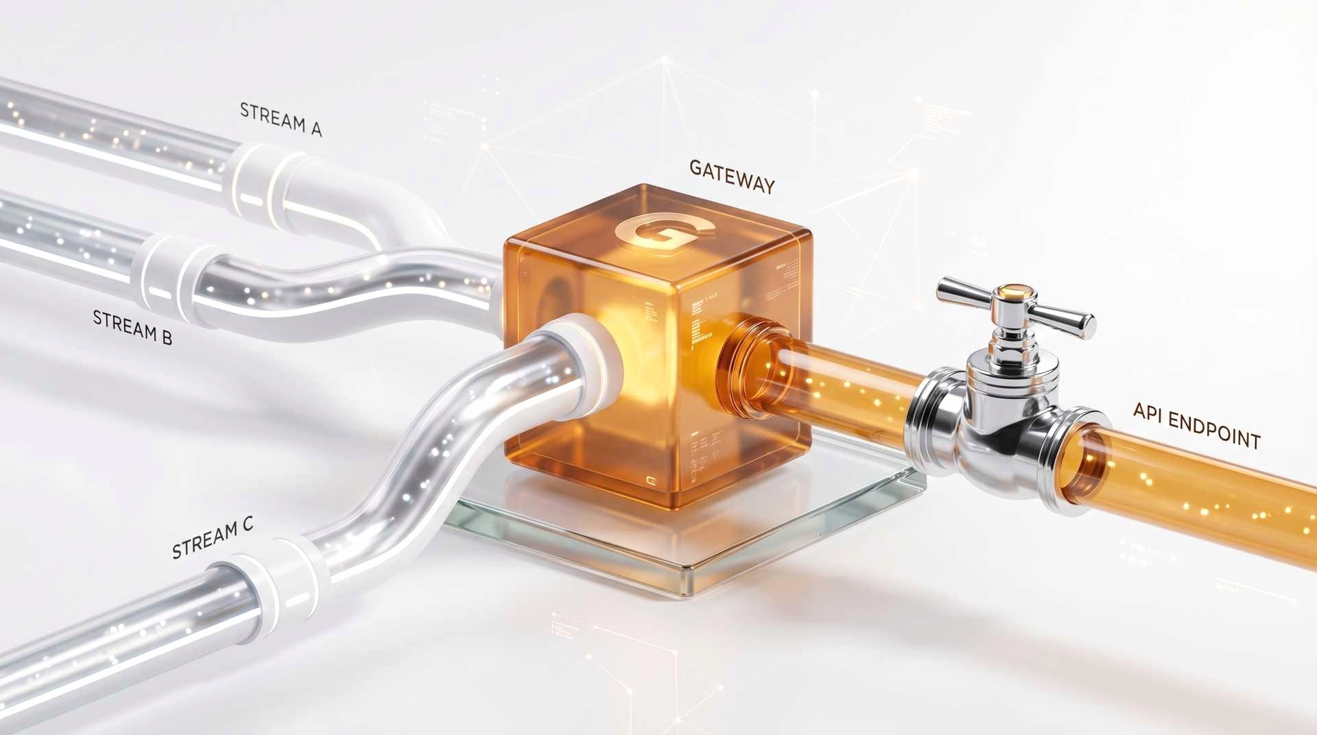 Central connector box with three source pipes and an amber valve, connector architecture diagram.